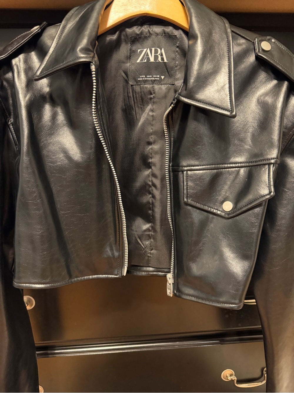 Zara Black Cropped Faux Leather Moto Jacket with Silver Hardware